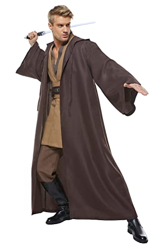 WECOS Tunic Hooded Robe Halloween Cosplay Costume for Mens Three Versions (X-Large, Brown Full Set)