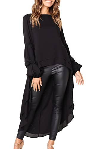 PRETTYGARDEN Women's Lantern Long Sleeve Round Neck High Low Asymmetrical Irregular Hem Casual Tops Blouse Shirt Dress (Black,Medium)
