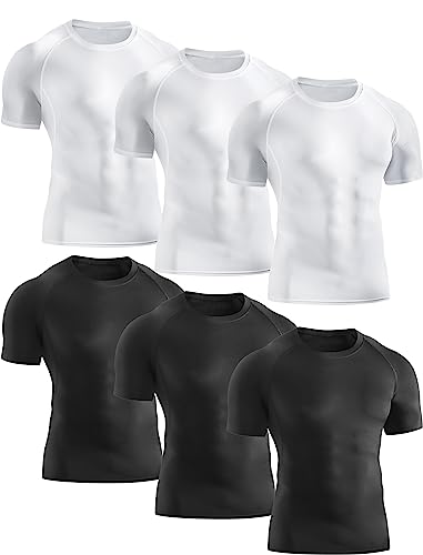TELALEO 6 Pack Men's Compression Shirt Short Sleeve Athletic Baselayer Sports T Shirts Workout Tops for Men Black White M