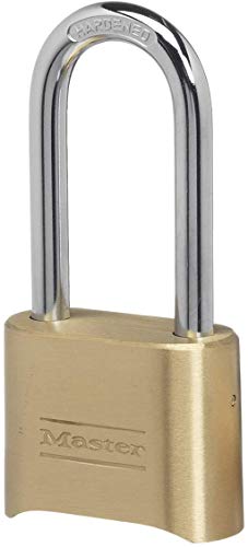 Master Lock Combination Lock, Indoor and Outdoor Padlock, Set Your Own Combination Lock, Extended 2-1/4 in. Lock Shackle with Brass Finish, 175DLH