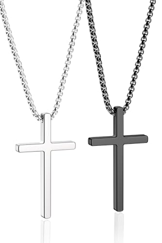 Romass 2 Pcs Cross Necklace for Men, Silver Black Box Chain Mens Stainless Steel Pendant Crosses Chain Jewelry Gifts Box for Boys 16-30 inches（18in,Cross Pendant 1.2'*0.7',Silver/Black）