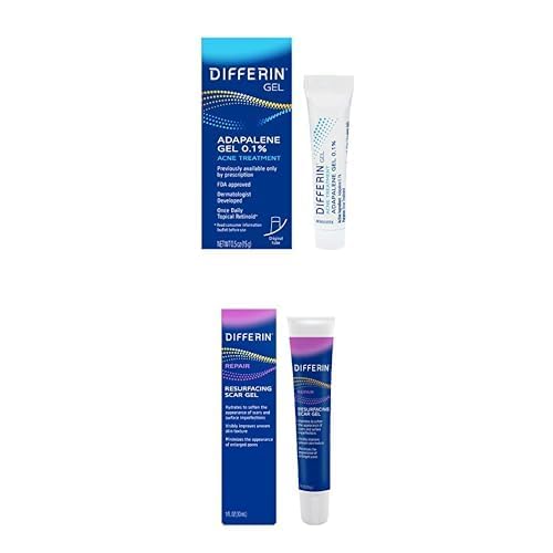 Differin Acne Treatment Gel, 30 Day Supply, Retinoid Treatment for Face with 0.1% Adapalene 15g Tube + Differin Gel Acne Scar Spot Treatment for Face, Resurfacing Scar Gel 1 Oz, Packaging May Vary