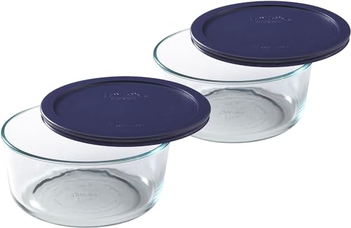 Pyrex Storage Plus 7-Cup Round Glass Food Storage Dish, Blue Cover, Pack of 2 Made in the USA