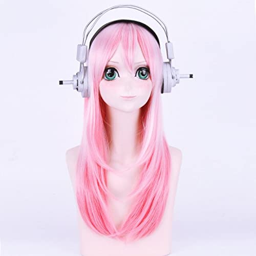 NEVSTPFWD Anime Cosplay Wig Supersonico Super Sonico 60cm Long Pink Ombre Hair With Headphone Prop Heat Resistant Cosplay Costume Wig NO Toy headset
