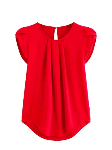 Milumia Womens Casual Round Neck Basic Pleated Top Shirt Curved Keyhole Back Blouse (A Red, X-Large, Cap Sleeve)