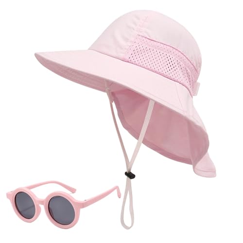 Toddler Kids Sun Hat Baby Boys Girls Wide Brim Beach Pink Hats with Sunglasses UPF 50+ Plain Caps with Neck Flap (2-6T, Pink)