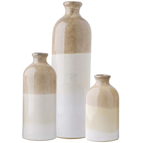 TERESA'S COLLECTIONS Beige Vase Set, Rustic Farmhouse Ceramic Vases for Mantel Decor, Decorative Flower Vases for Centerpieces, Shelf, Living Room, Ideal Gifts for Mothers Day and Mom-Set of 3, 10'