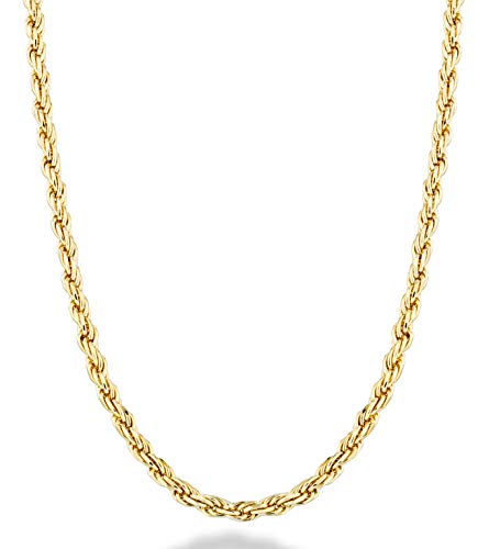 Miabella Solid 18K Gold Over Sterling Silver Italian 2mm, 3mm Diamond-Cut Braided Rope Chain Necklace for Men Women, 925 Sterling Silver Made in Italy (2mm, Length 30 Inches)