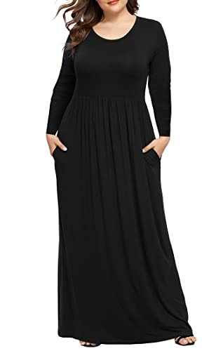 LONGYUAN Women's XL-6XL Long Sleeve Casual Plus Size Maxi Loungewear Dresses with Pockets Black,3XL