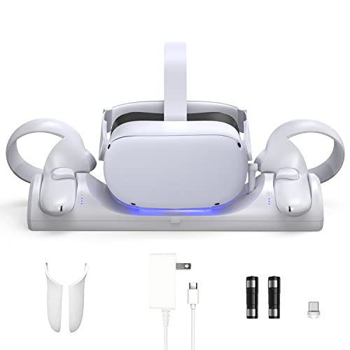 VR Charging Station for Oculus/Meta Quest 2,LED Indicator Charging Dock Simultaneously Magnetic Charging Headset and Touch Controller, with 2 Rechargeable Battery and USB-C Charger