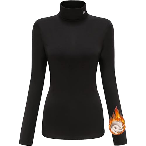 SSLR Thermal Shirts for Women, Turtle Necks Top for Womens Long Sleeve Mock Neck Base Layer Fleece Lined Winter Slim Fitted (Large, Black)