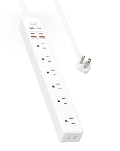 10 Ft Power Strip Surge Protector - 7 Outlets 4 USB Ports (2 USB C), Maxpw Ultra Thin Flat Extension Cord & Flat Plug, 1700 Joules, Wall Mount, Desk Charging Station for Home Office Dorm, White