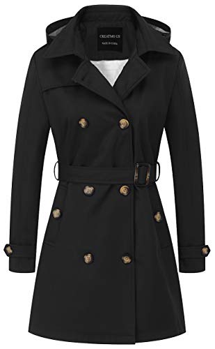 CREATMO US Women's Hooded Pea Coat Trench Jacket Trench Coats with Belt Black 2XL