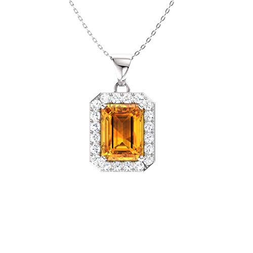 Diamondere Natural and Certified Emerald Cut Citrine and Diamond Halo Necklace in 14k White Gold | 1.68 Carat Pendant with Chain