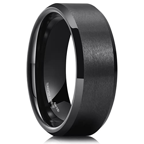 King Will Basic Men Wedding Black Tungsten Ring 8mm Matte Finish Beveled Polished Edge Comfort Fit 10