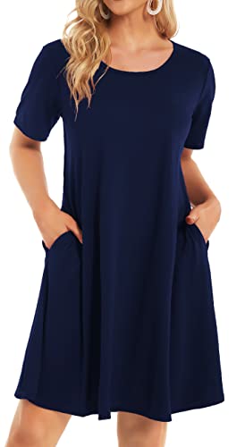 elescat Sundress Dresses with Pockets for Woman Casual Summer Mini Beach T-Shirt Short Sleeve Loose Fit (Navy Blue, L)