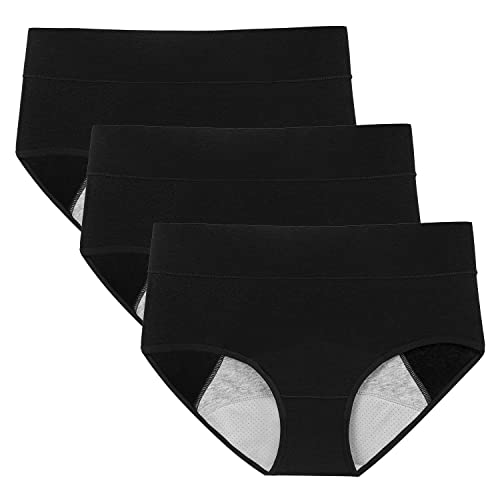 POKARLA Women's Incontinence Underwear High Absorbency Period Cotton Underwear Heavy Flow Leakproof Panties Postpartum Menstrual Protective Briefs 3 Pack Black
