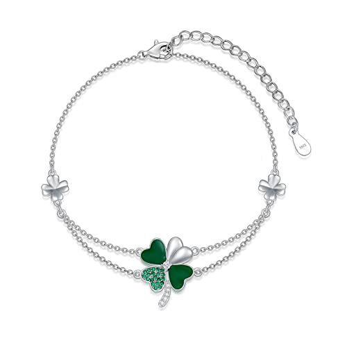 Luyona Four Leaf Clover Bracelet for Women St Patricks Day Bracelet Sterling Silver Irish Green 4 Leaf Clover Bracelets Jewelry Charm Good Luck Friendship Gifts