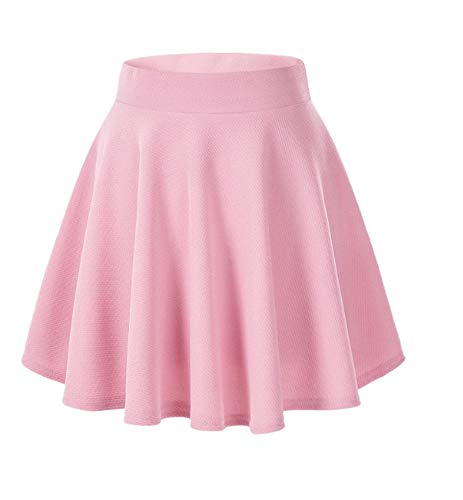 Afibi Girls Casual Mini Stretch Waist Flared Plain Pleated Skater Skirt (Small, Pink)