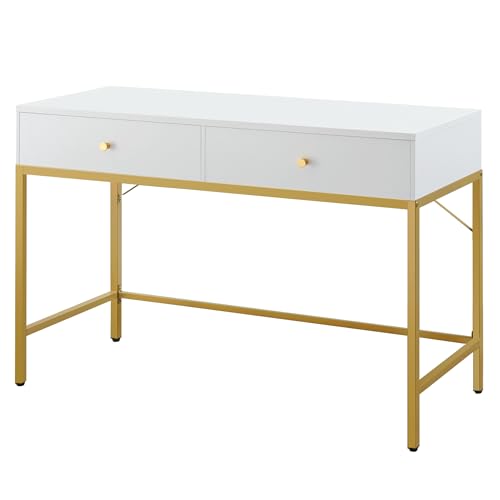 SUPERJARE Vanity Desk with Drawers, 47 inch Computer Desk, Modern Simple Home Office Desks, Makeup Dressing Table for Bedroom - White and Gold