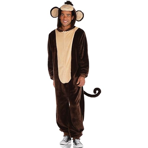 AMSCAN Zipster Monkey One Piece Pajama Halloween Costume for Adults with Attached Hood and Tail, Brown, Small/Medium