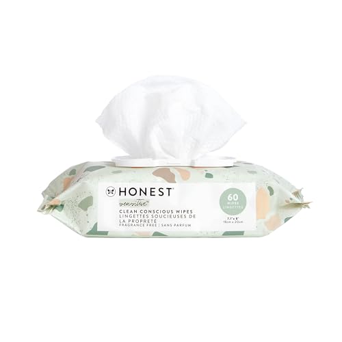 The Honest Company Clean Conscious Unscented Wipes | Over 99% Water, Compostable, Plant-Based, Baby Wipes | Hypoallergenic for Sensitive Skin, EWG Verified | Geo Mood, 60 Count