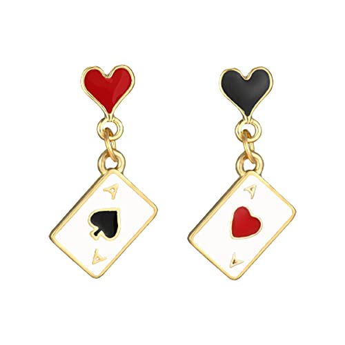 Queen of Heart Earrings Red Heart Poker Clock Drop Earrings for Women Girls,Asymmetric Long Clock Poker Dangle Earrings Queen of Hearts Costume Accessories (Red&Black B)