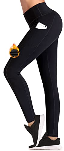 IUGA Fleece Lined Leggings with Pockets for Women Thermal Leggings for Women High Waisted Yoga Pants Winter Workout Leggings Black