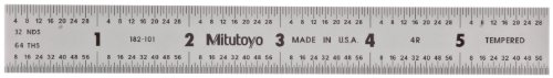 Mitutoyo 182-101, Steel Rule, 6' (4R), (1/8, 1/16, 1/32, 1/64'), 3/64' Thick X 3/4' Wide, Satin Chrome Finish Tempered Stainless Steel, Clear