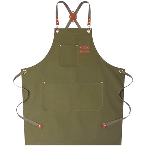 AFUN Chef Aprons for Women Men with Large Pockets, Cotton Canvas Cross Back Water Repellent Work Apron, Size M to XXL (Greygreen)