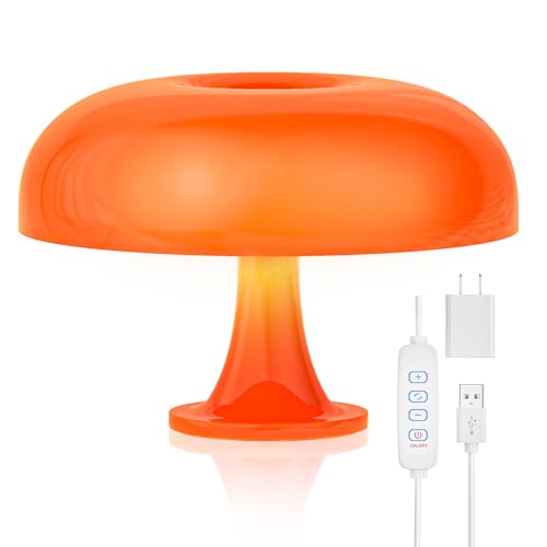UEHICT Orange Mushroom Lamp, Dimmable Mushroom Table Lamp with 3 Lighting Modes, 70s Retro Mid Century Modern Lamp Mushroom Shaped Donut Lamp for Bedroom, Cool Home Decor Aesthetic Lamp (Orange)