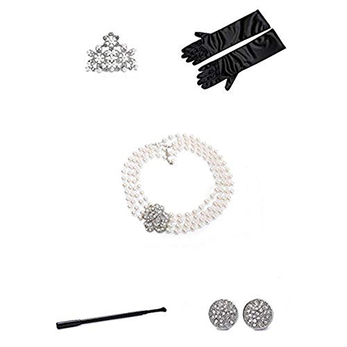 Utopiat Audrey Hepburn Breakfast at Tiffany Costume Toddler Flapper 5 piece Pearl Jewelry and Kids Accessories Set for Girls