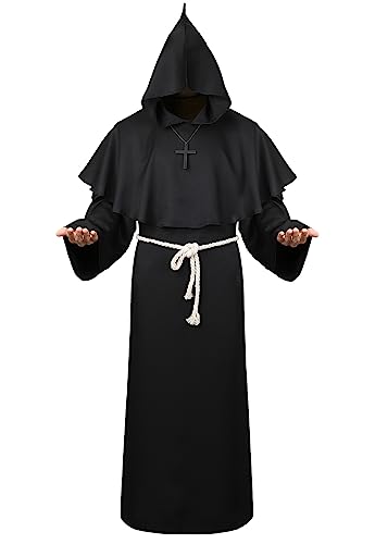 Monk Robe Priest Costume Friar Robe Medieval Costume Priest Halloween Costumes for Men Black M