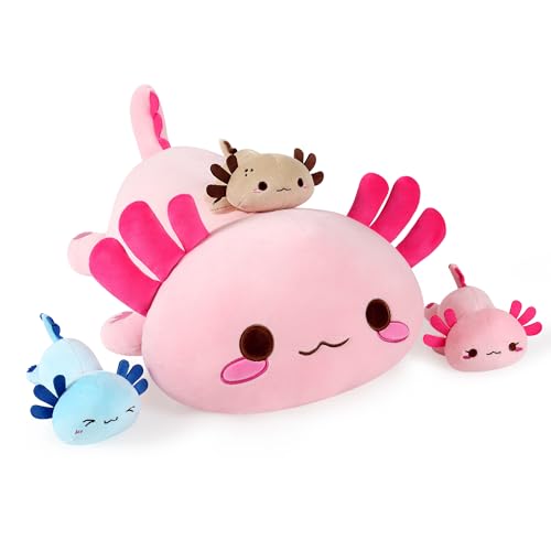Onsoyours Axolotl Stuffed Animal Mommy 19.7' with 3 Baby Axolotl Plushies in Tummy, 4 Piece of Cute Axolotl Plush Pillow Toys for Kids Girls Boys (Pink Axolotl Family)