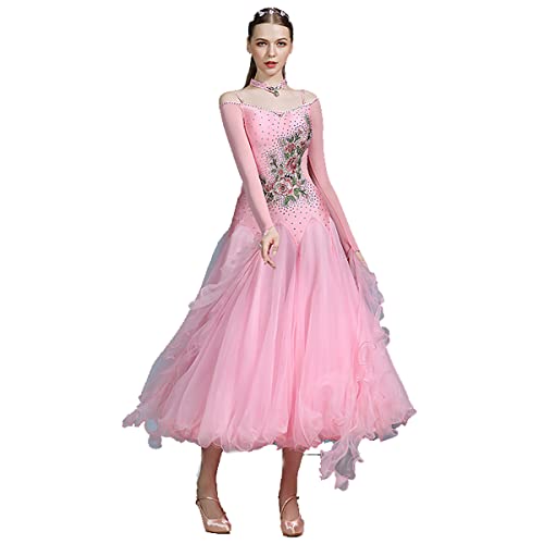 YDHTIZ Ballroom Competition Dance Dresses Women's Waltz Dance Skirt Dress Standard Dress Rhinestone Ballroom Dress Pink