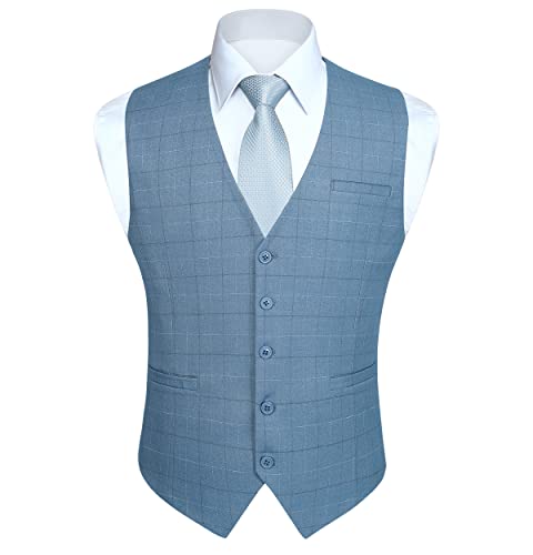 HISDERN Men's Suit Vest Business Formal Dress Vests Slim Fit Cotton Suit Vest for Men Casual Fashion Plaid Waistcoat for Tuxedo Wedding