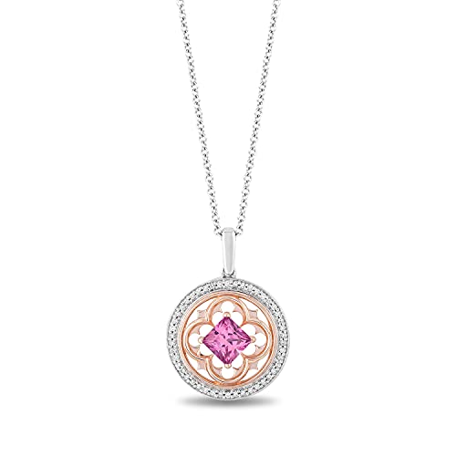 Jewelili Enchanted Disney Fine Jewelry 14K Rose Gold Over Sterling Silver 5.5 MM Square Created Pink Sapphire and 1/5 Cttw Natural White Round Diamond Aurora Pendant Necklace