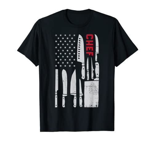 Chef American Flag Kitchen Butcher Knife Vintage 4th of July T-Shirt