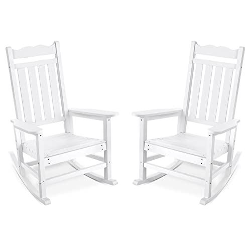 Stoog Set of 2 Outdoor Rocking Chairs, HIPS Plastic Porch Rocker with 400 lbs Weight Capacity, for Backyard, Fire Pit, Lawn, Garden and Indoor (White)