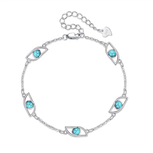 EXRANQO Evil Eye Bracelets 925 Sterling Sliver Turquoise Evil Eye Bracelet Protection Jewerly Birthday Gifts For Women Girls Mother Daughter
