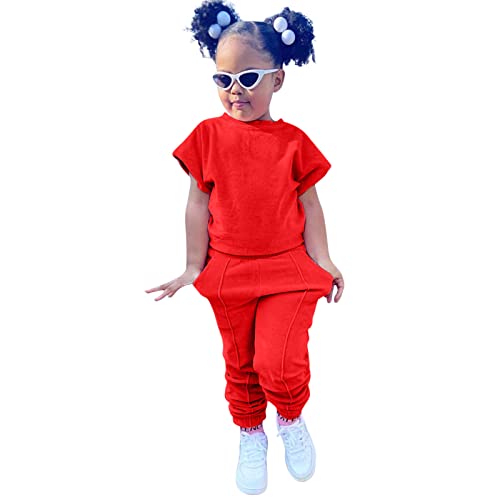 Toddler Kids Baby Girls 2 Pieces Tracksuit Summer Outfits Solid Short Sleeve T Shirt Teens Clothing (Red, 3-4 Years)