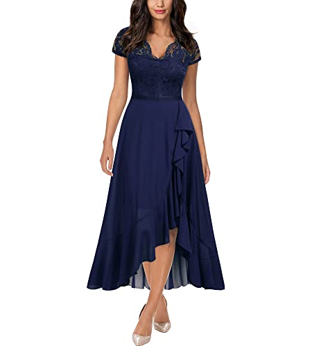 Miusol Women's V Neck Elegant Lace Ruffle Bridesmaid Maxi Dress (X-Large, Navy Blue)