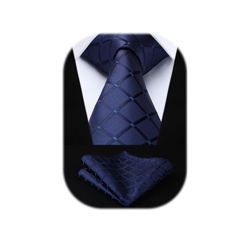 HISDERN Plaid Blue Tie Handkerchief Woven Classic Men's Necktie & Pocket Square Set,Navy Blue,One Size