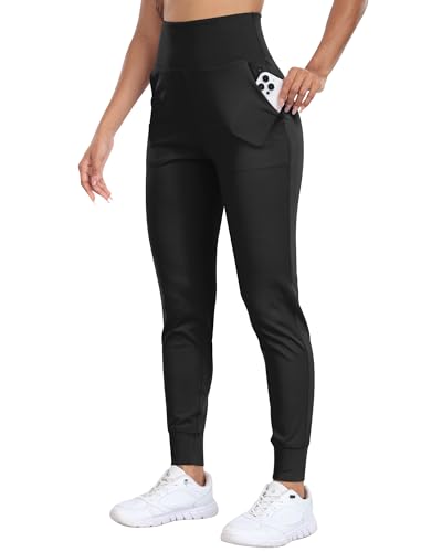 WHOUARE Women's Joggers Pants Workout Athletic Leggings with Pockets High Waisted Gym Running Yoga Pants Black-S