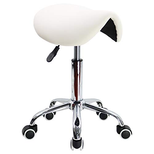 KKTONER Rolling Saddle Stool PU Leather Swivel Adjustable Rolling Stool with Wheels Salon Chair White