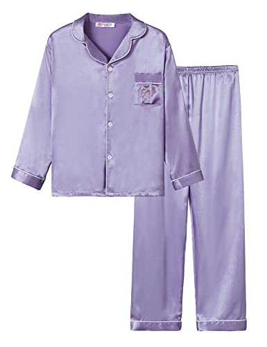 Topgal Big Girls Pajamas Size 12 – Cute Satin Cat Long Sleeve & Pants PJ Set Sleepwear Violet