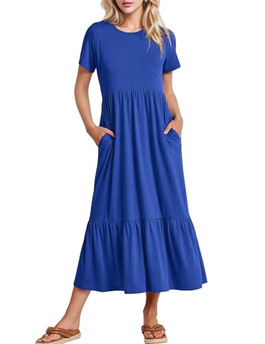 Cnlinkco Sun Dresses for Women Casual Summer Aline Dress Flowy Tunic Dress Swing Maxi Dress with Pockets Blue XL
