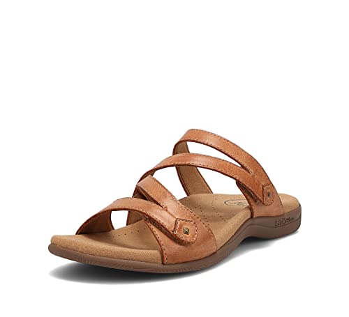 Taos Double U Premium Leather Women's Sandal - Stylish Adjustable Strap Design with Arch Support, Cooling Gel Padding for All-Day Enjoyment and Walking Comfort Caramel 8 (M) US