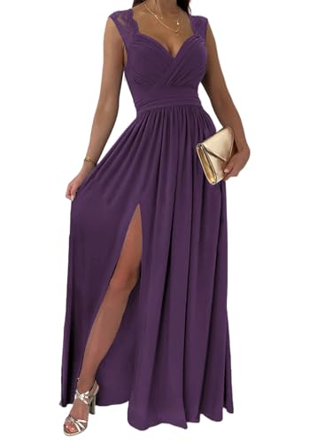 Dokotoo Womens Ladies Elegant Floor Length A Line Wrap Deep V Neck Backless Ruched Pleated Ruffled Split Long Maxi Formal Evening Party Prom Dress Bridesmaid Wedding Guest Dresses for Women Purple M