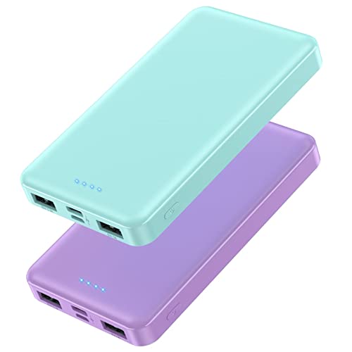 [2 Pack] Portable Charger Power Bank 10000mAh,Ultra Slim Compact External Battery Pack with USB C Input & Dual USB Outputs Backup Charger Compatible with iPhone 13,12, Samsung S20,Tablet-Green+Purple